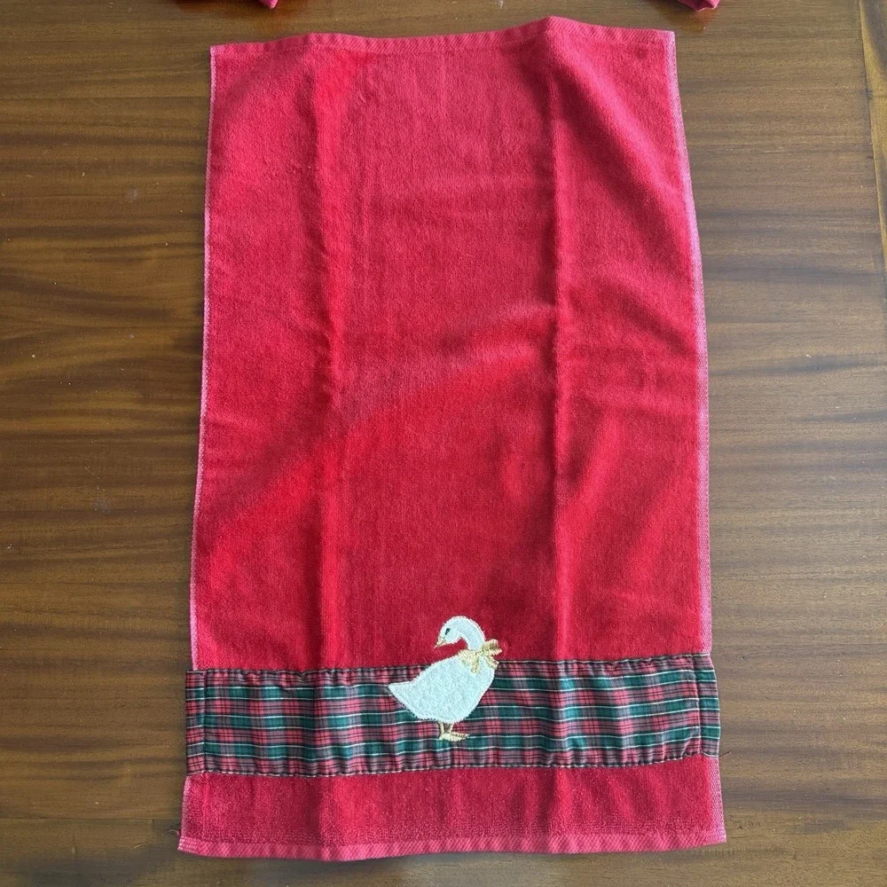 Vintage R.A. Briggs Goose Towel Set 4 Sears Christmas Bath Hand Tartan Plaid Red